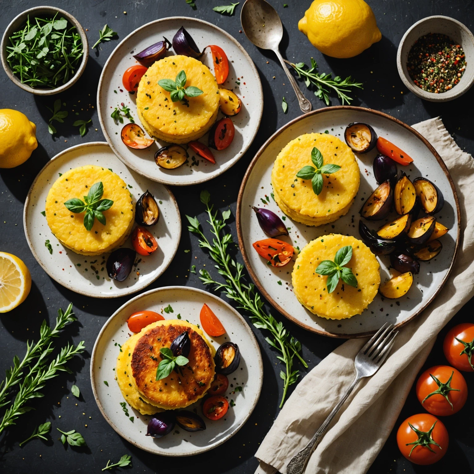 Gluten-free lemon herb polenta cakes with roasted vegetables on rustic ceramic plate with fresh herbs