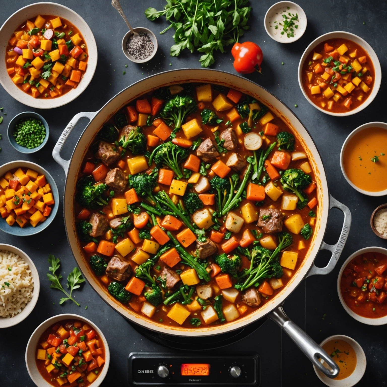 Bubbling one-pot allergy-friendly meal cooking on stovetop with vibrant vegetables and aromatic herbs in warm lighting.