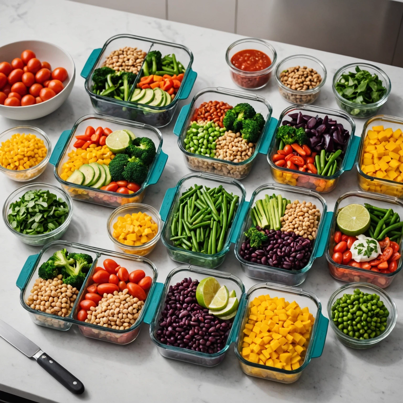 Meal prep containers filled with colorful allergy-friendly one-pot and quick-cook meals on a clean countertop with fresh ingredients.