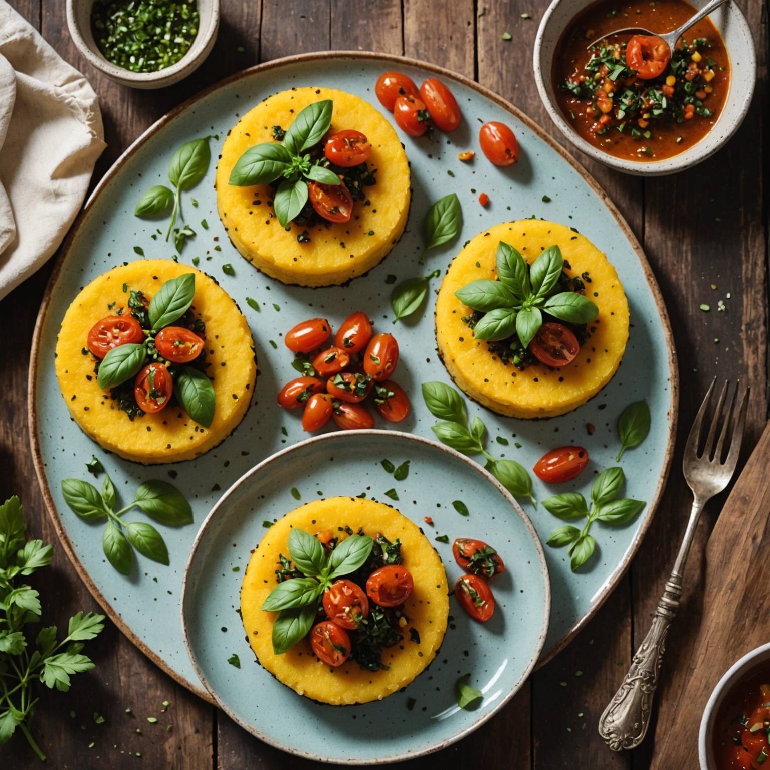 Gluten-Free Savory Polenta and Herb Cakes with Sun-Dried Tomato Relish