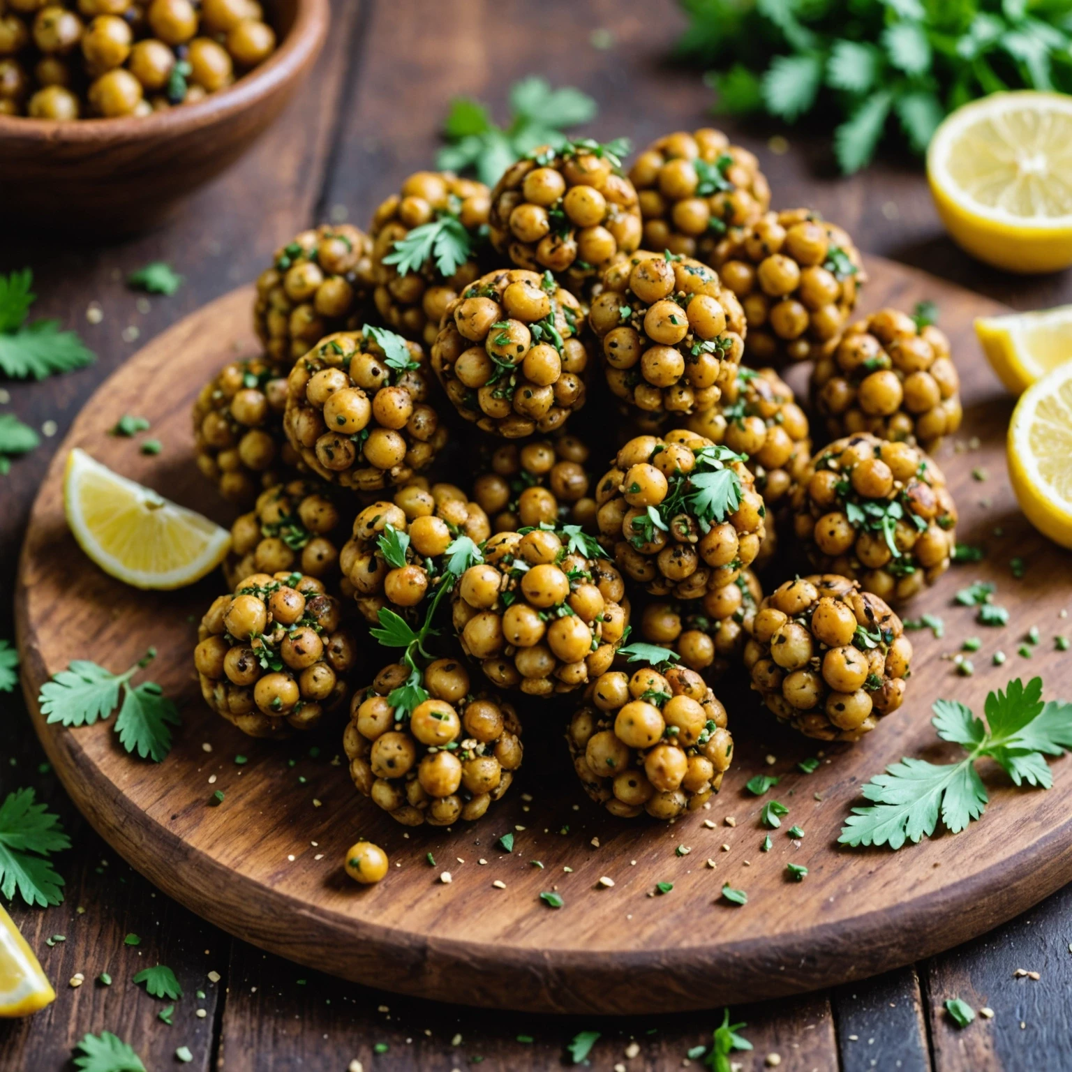 Close-up of gluten-free roasted chickpea za'atar snack bites garnished with fresh herbs and lemon wedges.