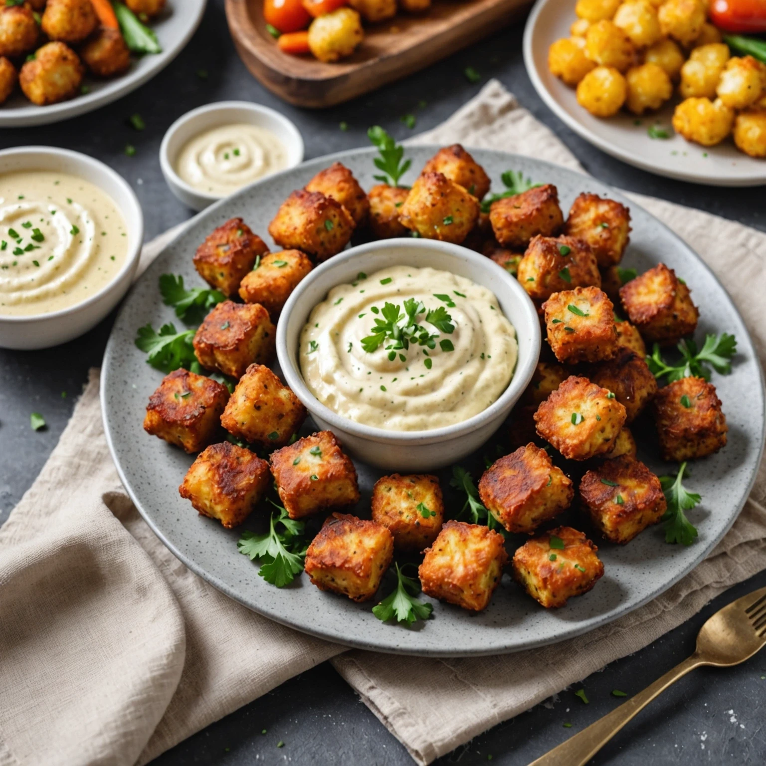 Plate of crispy paleo cauliflower tater tots served with dairy-free garlic aioli and seasonal vegetables.