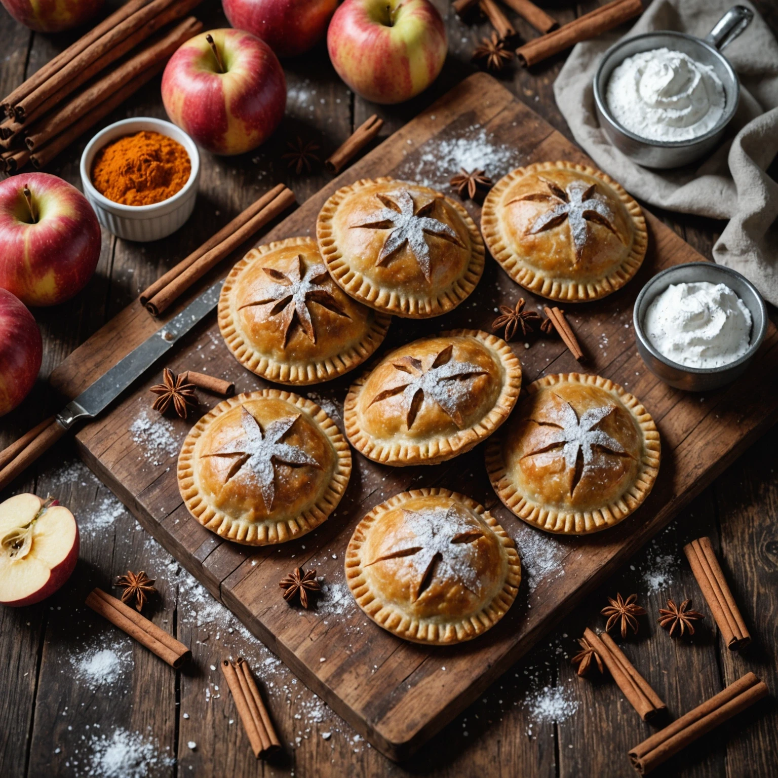 Cozy still life of gluten-free spiced apple and sweet potato hand pies with fresh fruits and spices.
