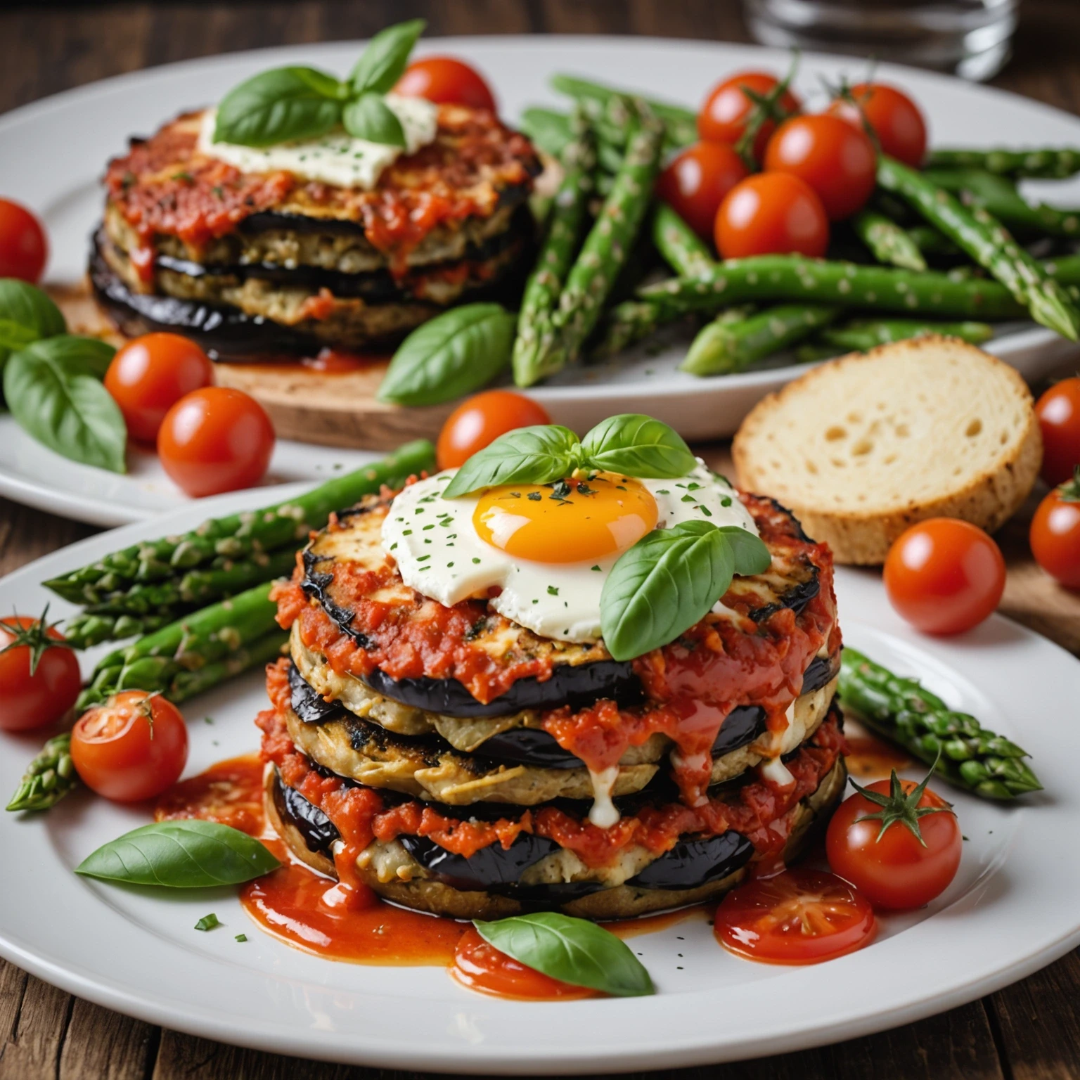 Close-up of gluten-free baked eggplant parmesan stacks garnished with fresh basil and seasonal produce