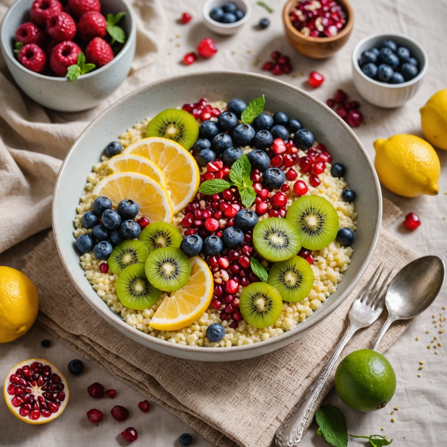 Gluten-free millet porridge with seasonal fruits and roasted lemon garlic asparagus set on a linen tablecloth with morning sunlight