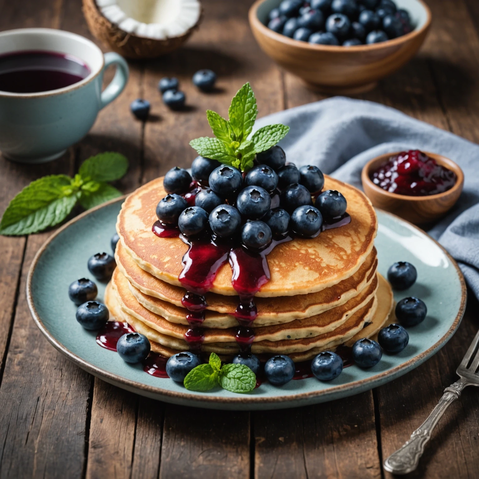 Stack of gluten-free paleo coconut flour pancakes topped with blueberry compote and fresh mint with seasonal fruit on the side