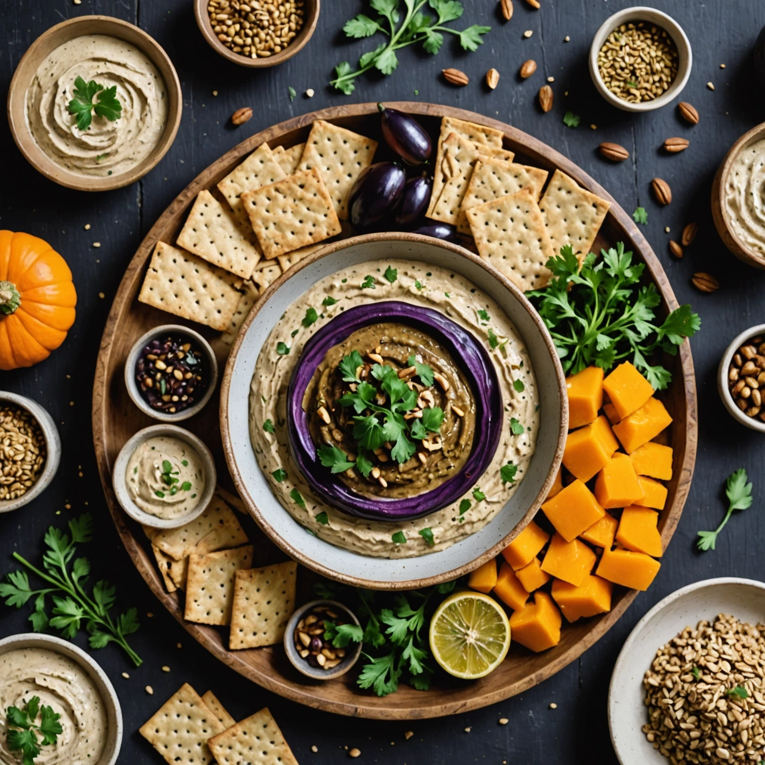Gluten-Free Low-Carb Eggplant and Walnut Dip with Toasted Seed Crackers