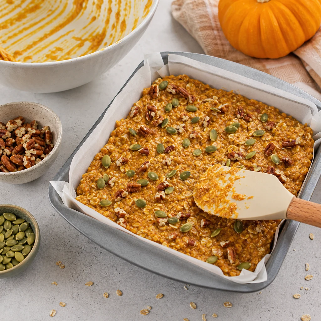 Pumpkin oat breakfast bar batter spread in a parchment-lined pan for FreeFlourish