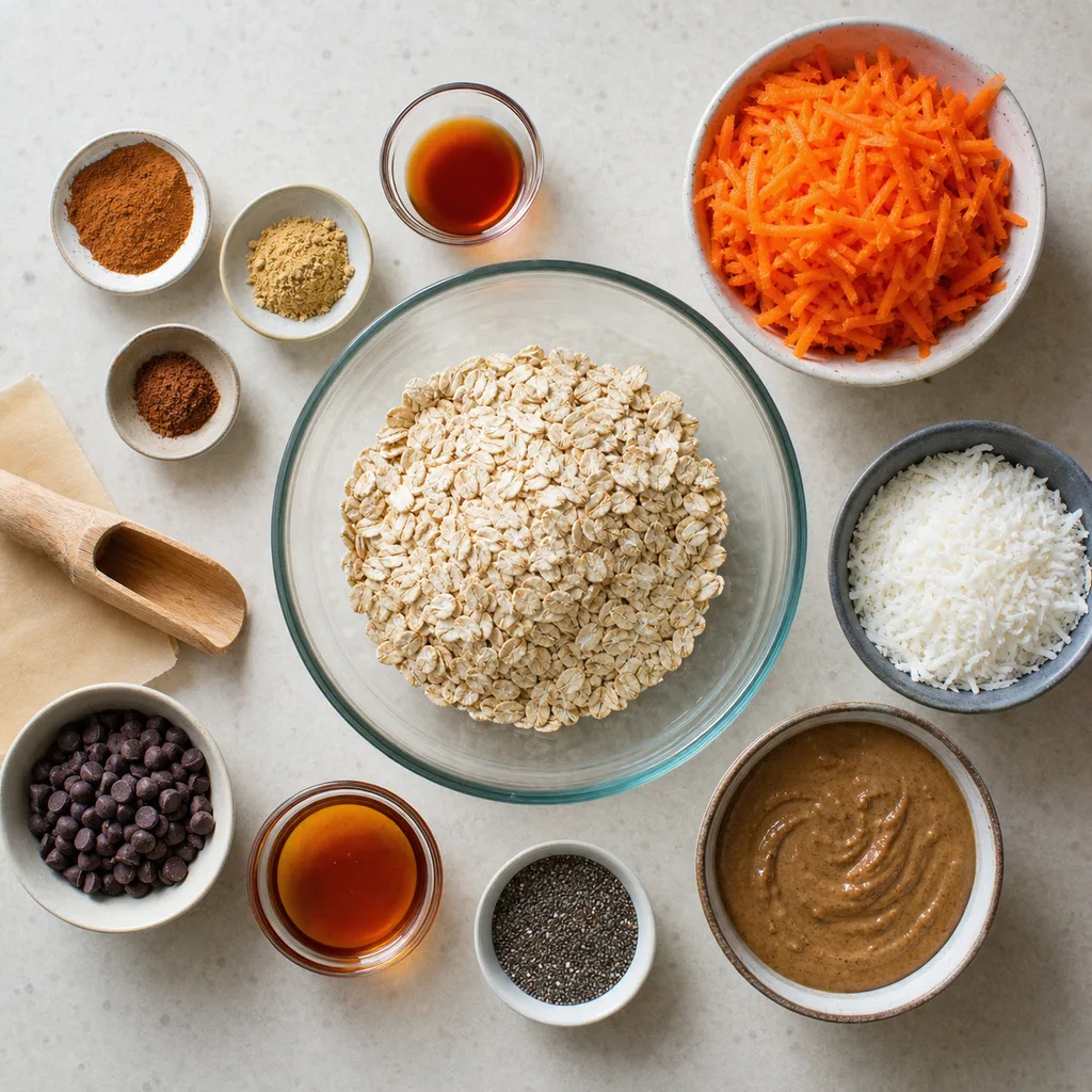 Measured gluten-free ingredients for FreeFlourish carrot cake energy bites