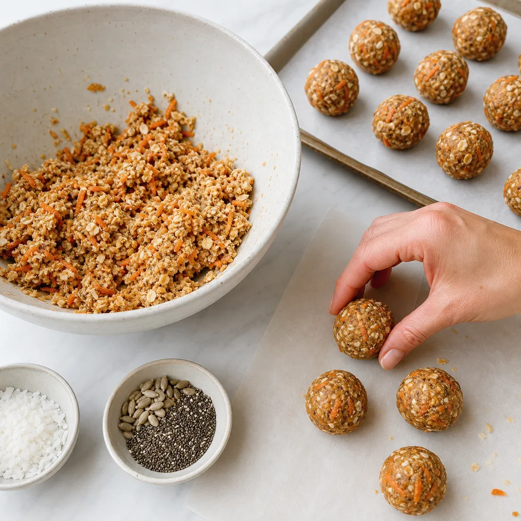 Carrot cake energy bite mixture being rolled into gluten-free snack balls for FreeFlourish