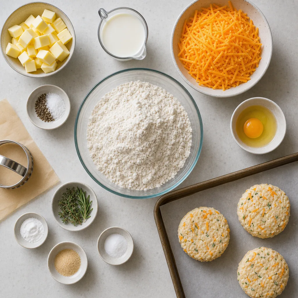 Measured gluten-free ingredients for FreeFlourish savory cheese and herb biscuits