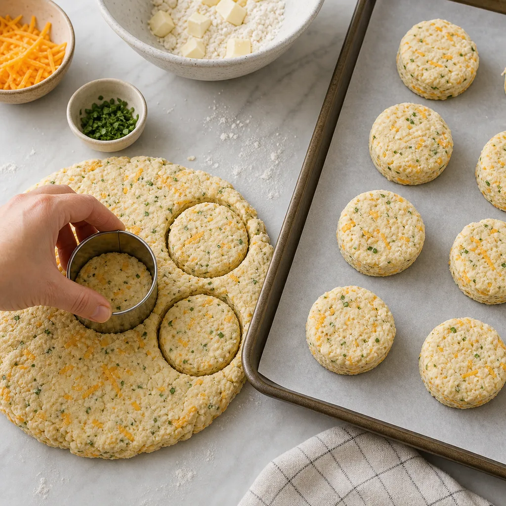 Cheddar herb gluten-free biscuit dough being cut into rounds for FreeFlourish