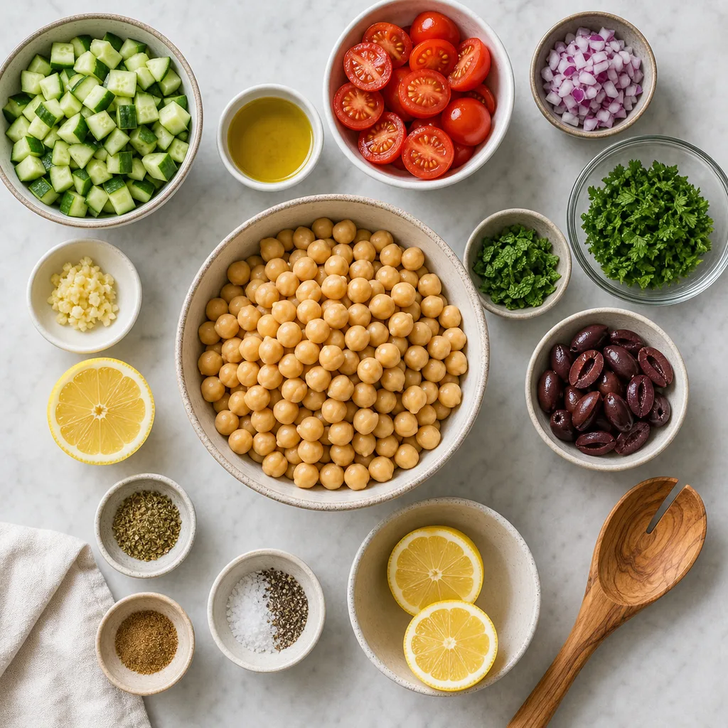Measured gluten-free ingredients for FreeFlourish Mediterranean chickpea salad