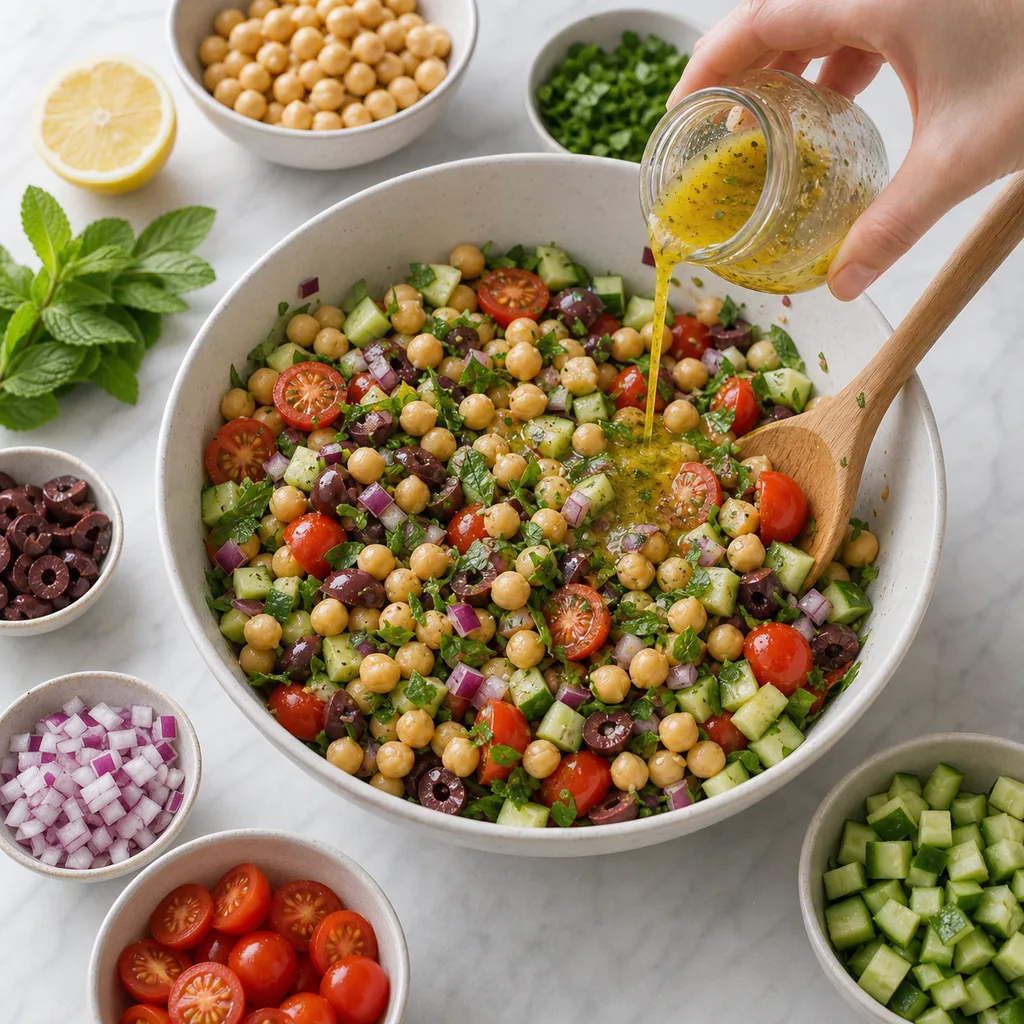 Lemon olive oil dressing poured over FreeFlourish Mediterranean chickpea salad