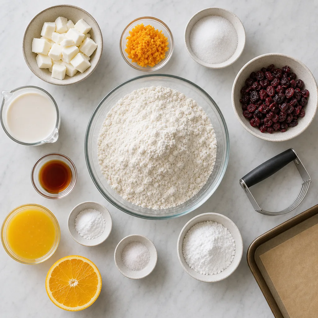 Measured gluten-free ingredients for FreeFlourish cranberry orange scones