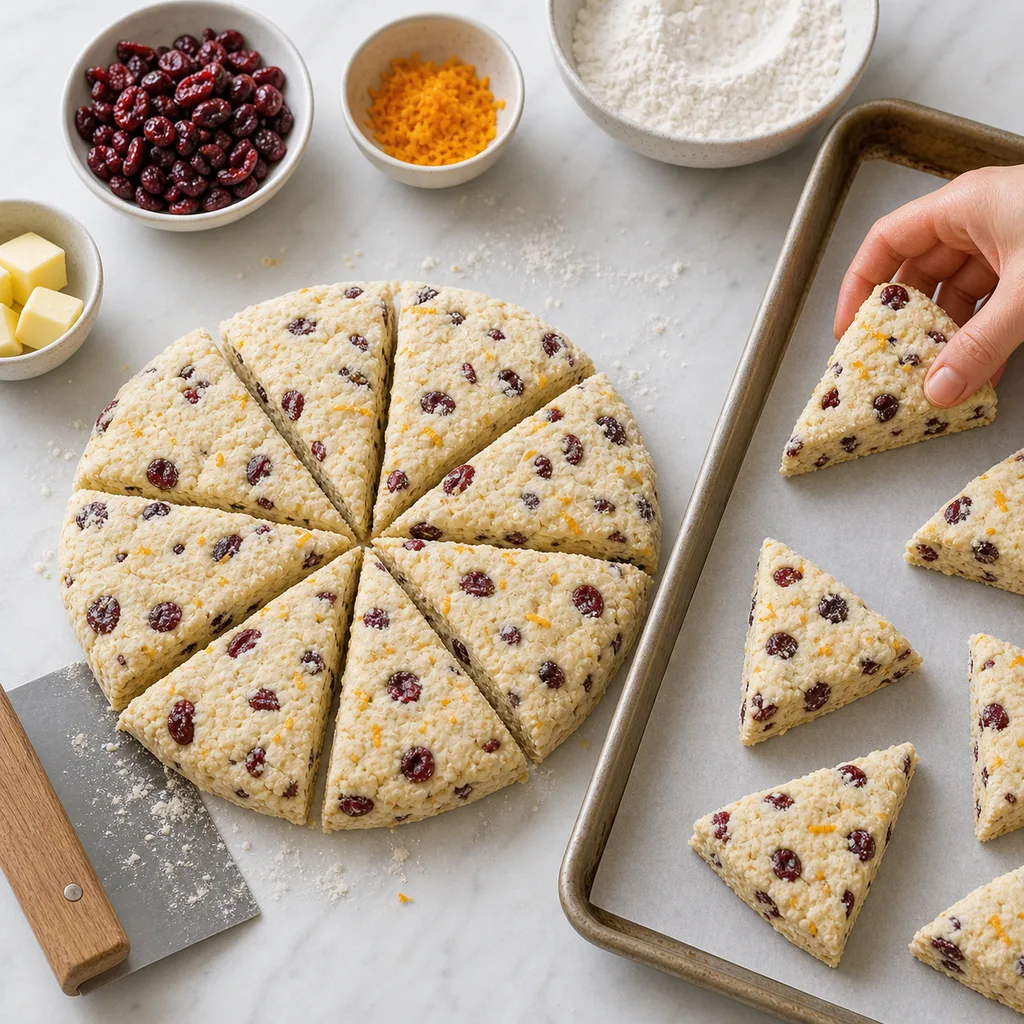 Cranberry orange gluten-free scone dough cut into wedges for FreeFlourish