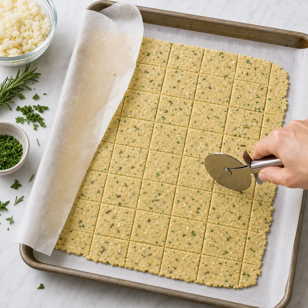 Cauliflower herb cracker dough scored into squares on parchment for FreeFlourish