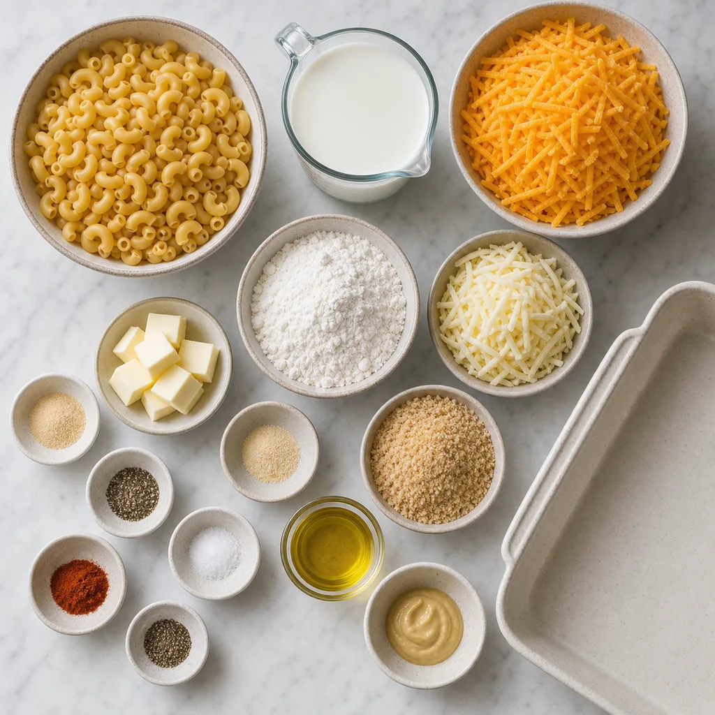 Measured gluten-free ingredients for FreeFlourish baked macaroni and cheese