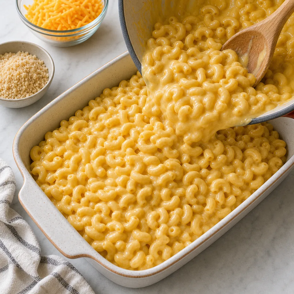 Creamy gluten-free macaroni and cheese poured into a baking dish for FreeFlourish