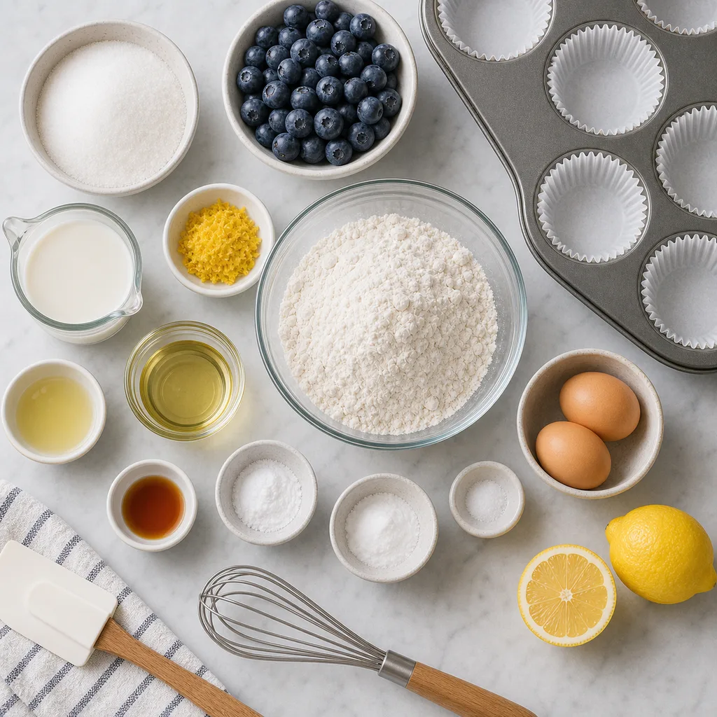 Measured gluten-free ingredients for FreeFlourish lemon blueberry muffins