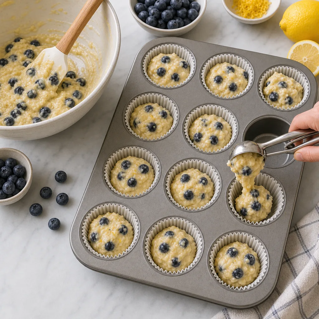 Lemon blueberry gluten-free muffin batter scooped into a lined muffin tin for FreeFlourish