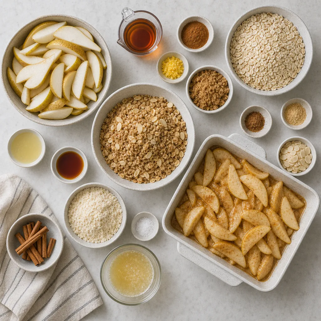 Measured gluten-free ingredients for FreeFlourish spiced pear and almond crisp