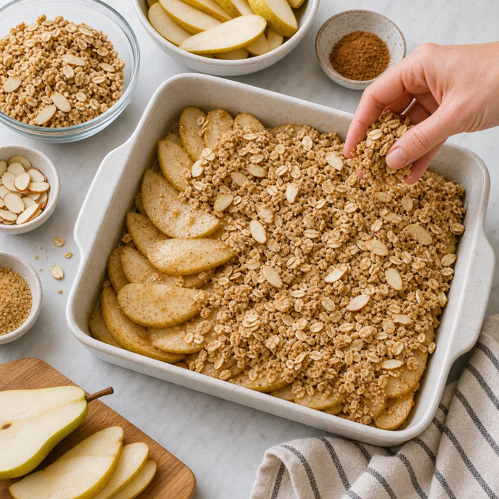 Oat almond crumble sprinkled over spiced pears for FreeFlourish pear crisp
