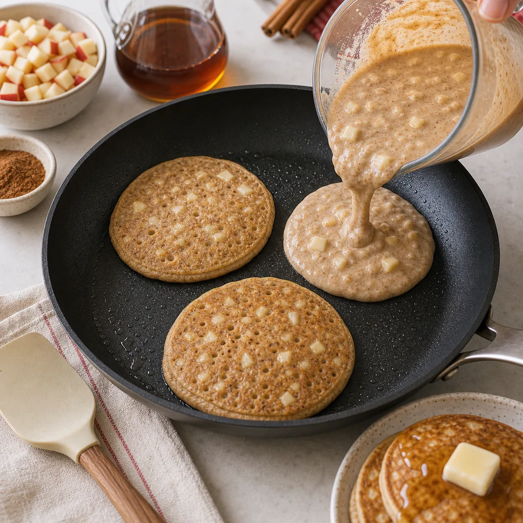 Cinnamon apple gluten-free pancake batter poured onto a skillet for FreeFlourish
