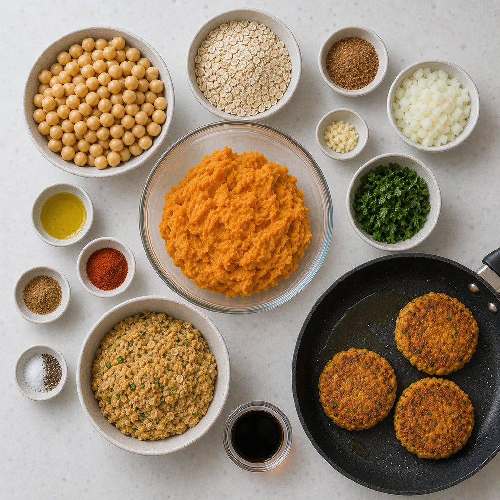 Measured gluten-free ingredients for FreeFlourish sweet potato chickpea patties
