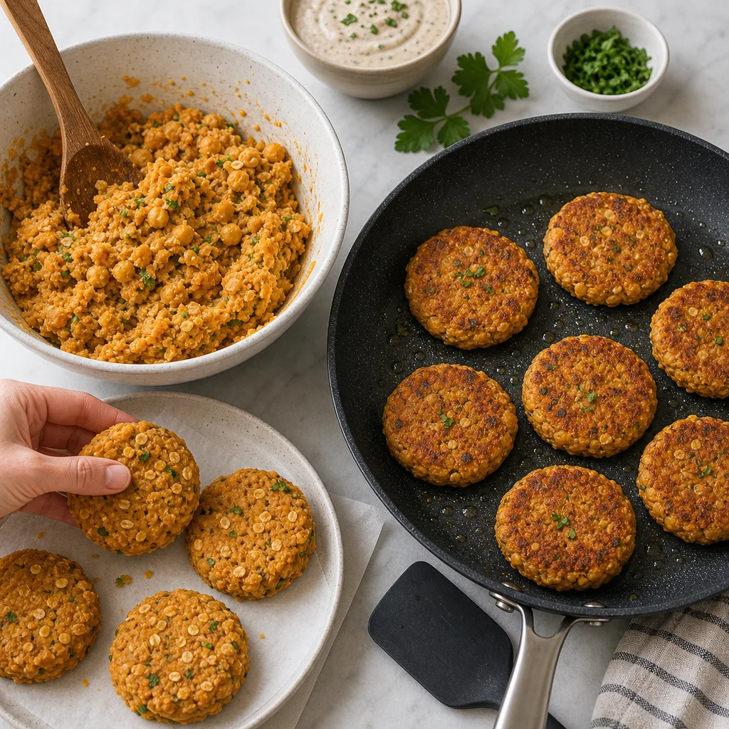 Sweet potato chickpea patties being shaped and cooked in a skillet