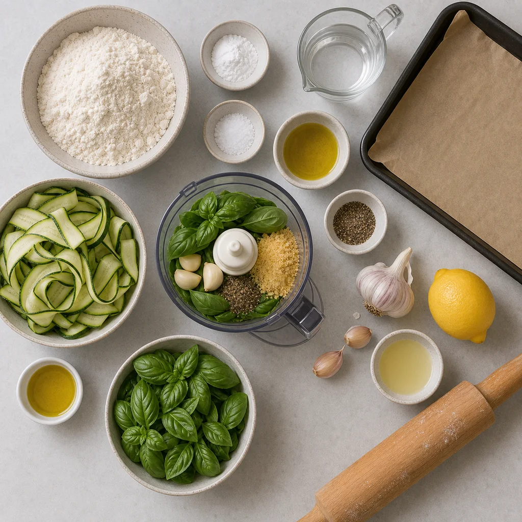 Measured gluten-free ingredients for FreeFlourish zucchini basil pesto flatbread