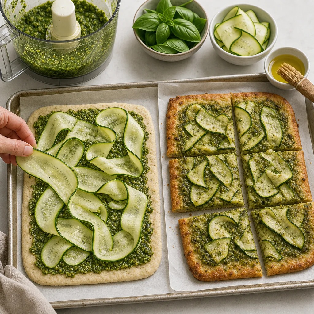 Gluten-free flatbread topped with basil pesto and zucchini ribbons