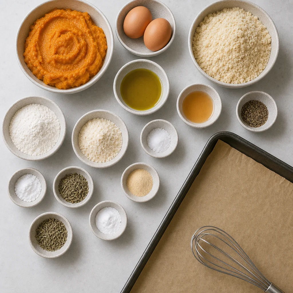 Measured gluten-free ingredients for FreeFlourish pumpkin herb breadsticks