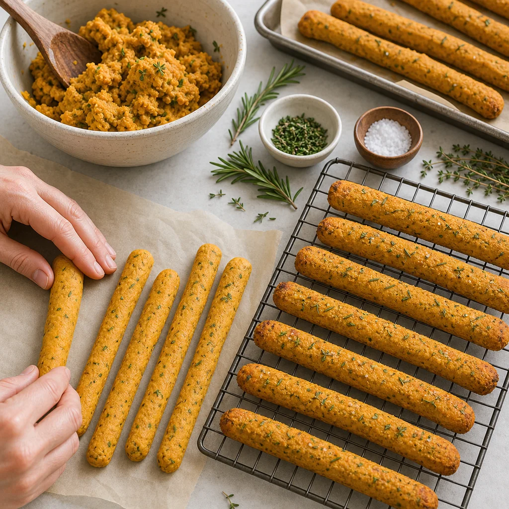 Pumpkin herb breadstick dough shaped and baked on parchment