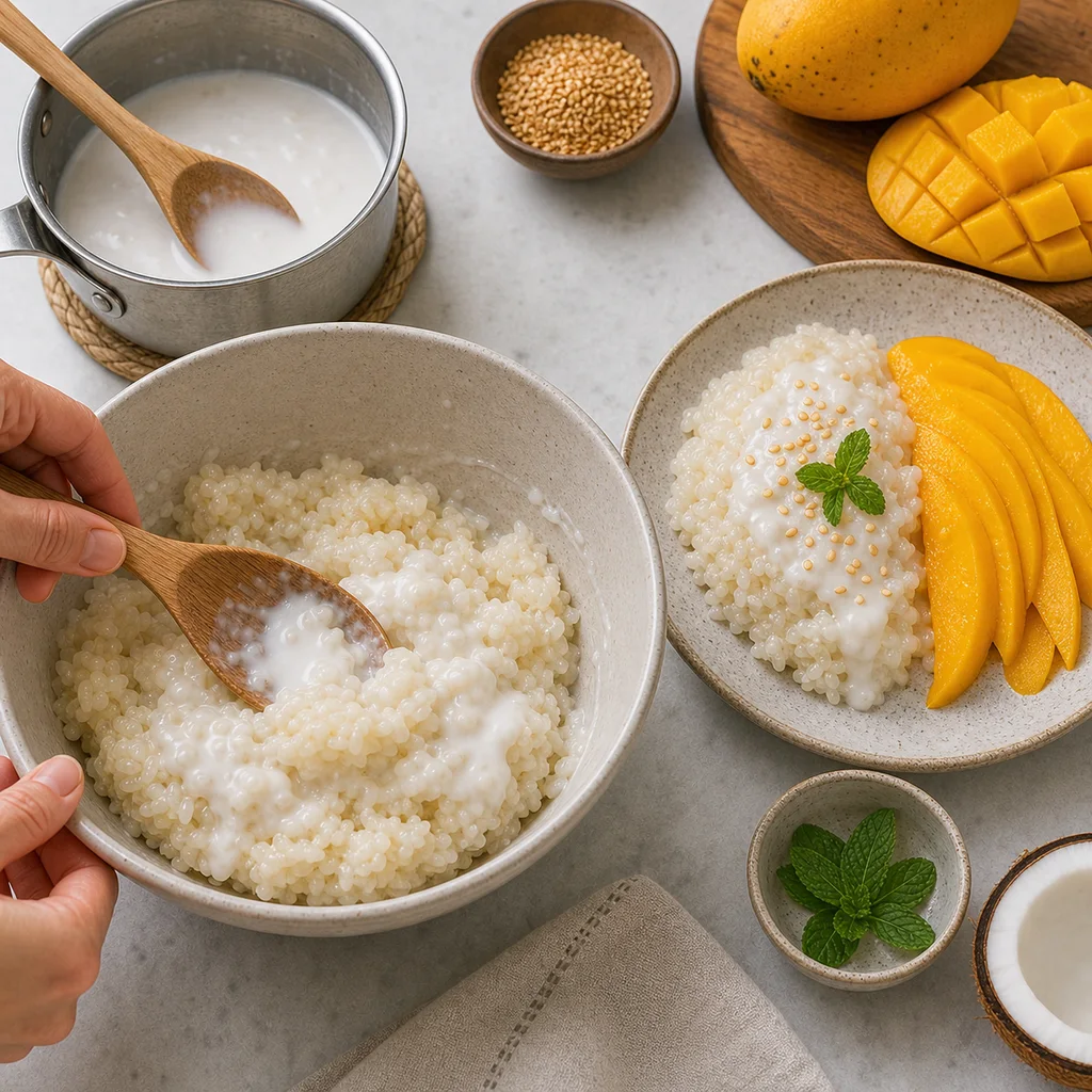 Sweet coconut milk folded into sticky rice beside mango slices