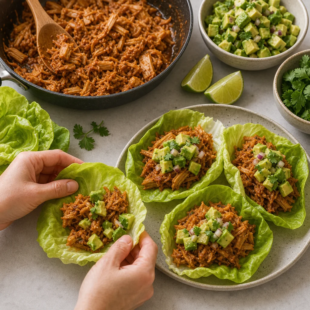 Pulled jackfruit spooned into lettuce wraps with avocado salsa