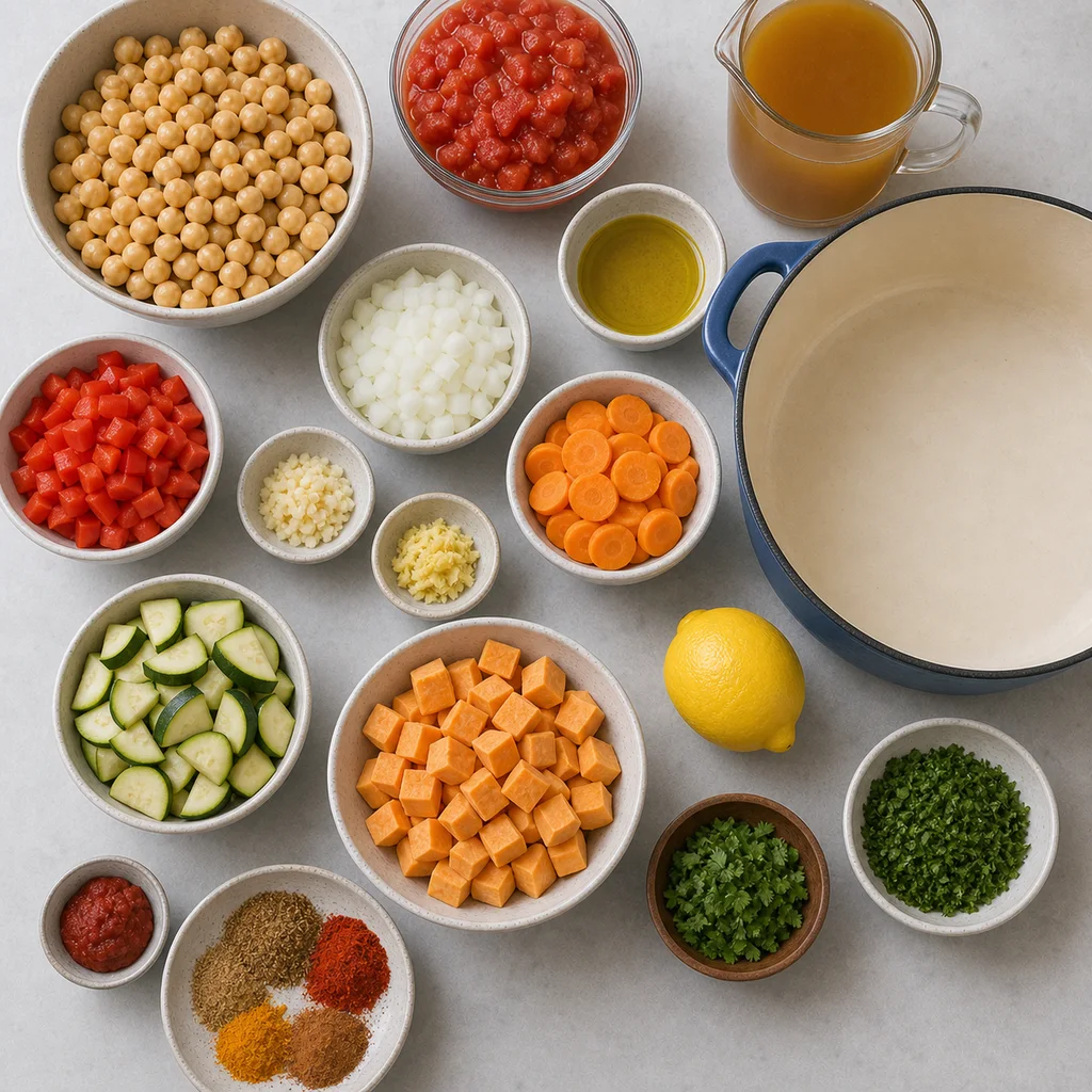 Measured gluten-free ingredients for FreeFlourish Moroccan chickpea vegetable tagine