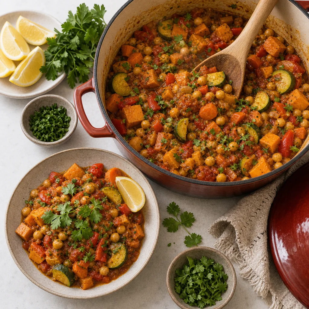 Moroccan chickpea vegetable tagine simmering in a Dutch oven