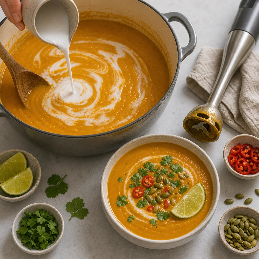 Thai coconut curry pumpkin soup simmering with coconut milk
