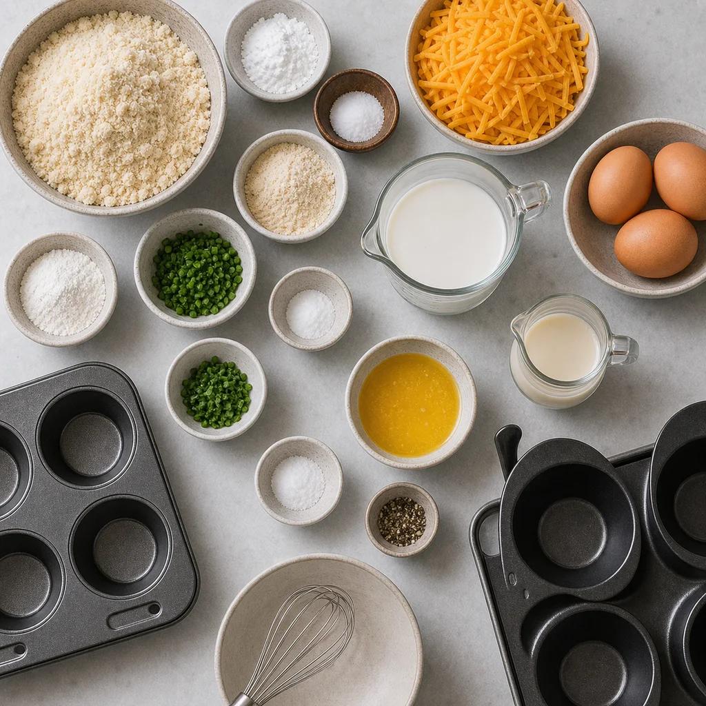 Measured gluten-free ingredients for FreeFlourish cheddar chive popovers