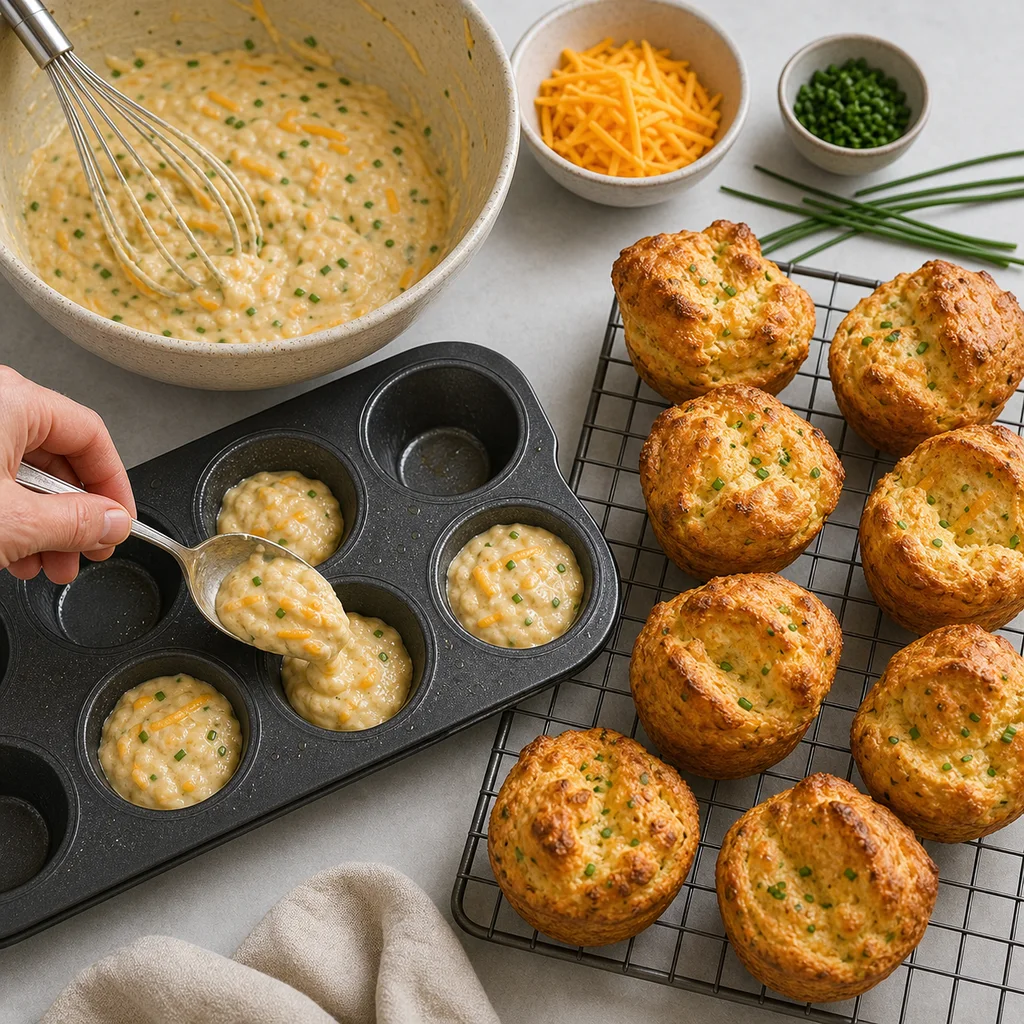 Cheddar chive gluten-free popover batter spooned into a popover pan
