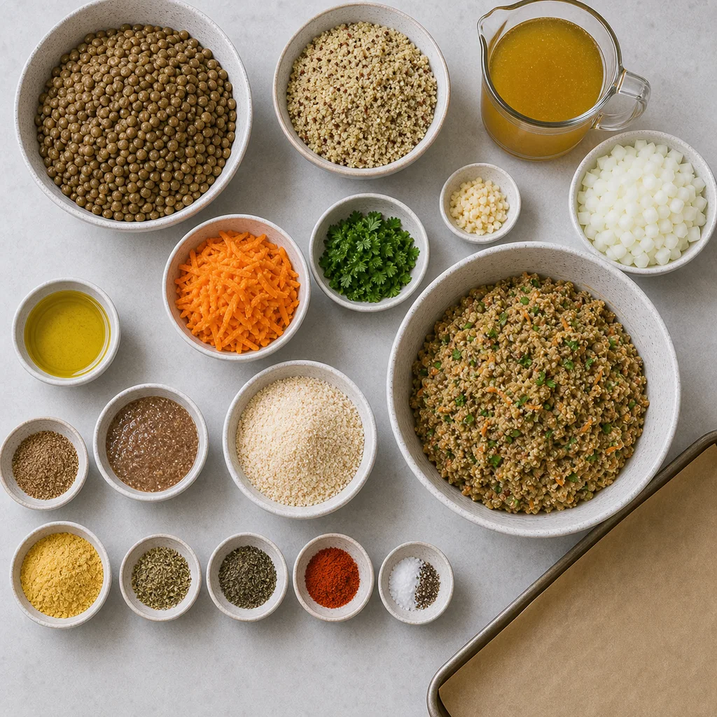 Measured gluten-free ingredients for FreeFlourish lentil quinoa meatless meatballs