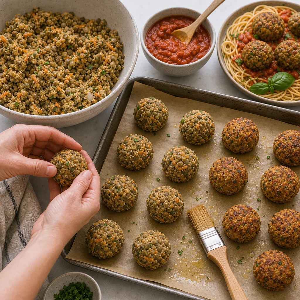Lentil quinoa meatballs being shaped on parchment before baking
