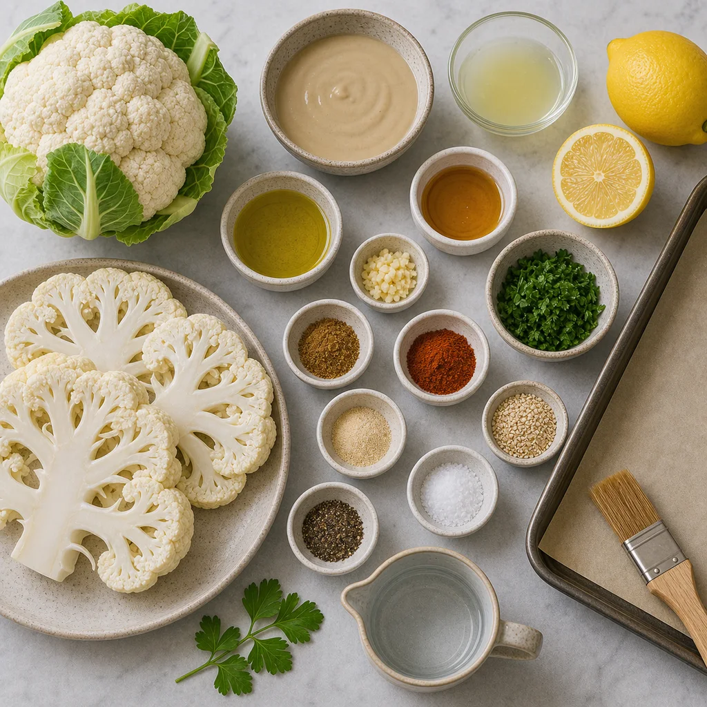 Measured gluten-free ingredients for FreeFlourish cauliflower steaks with lemon tahini sauce