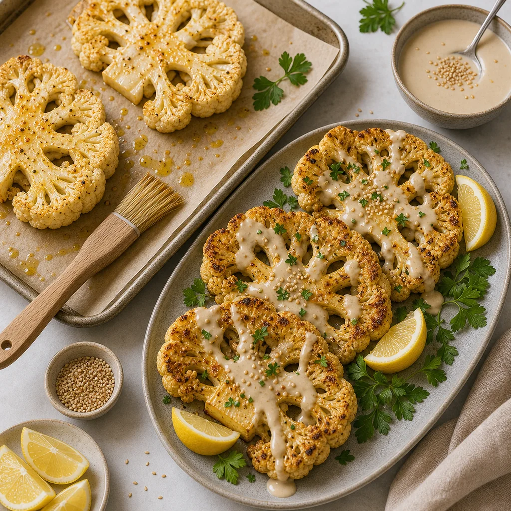 Roasted cauliflower steaks drizzled with lemon tahini sauce