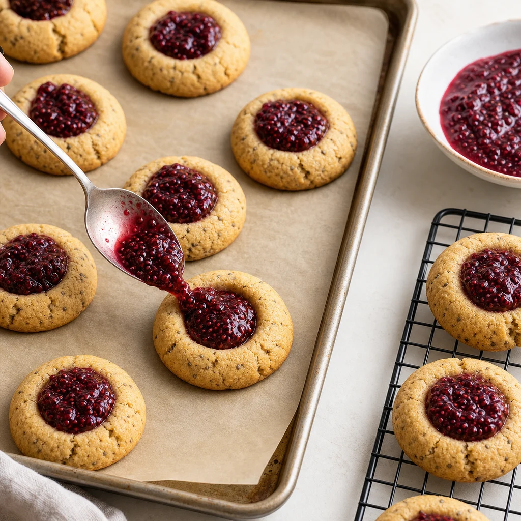 FreeFlourish gluten-free berry chia jam thumbprint cookies being filled