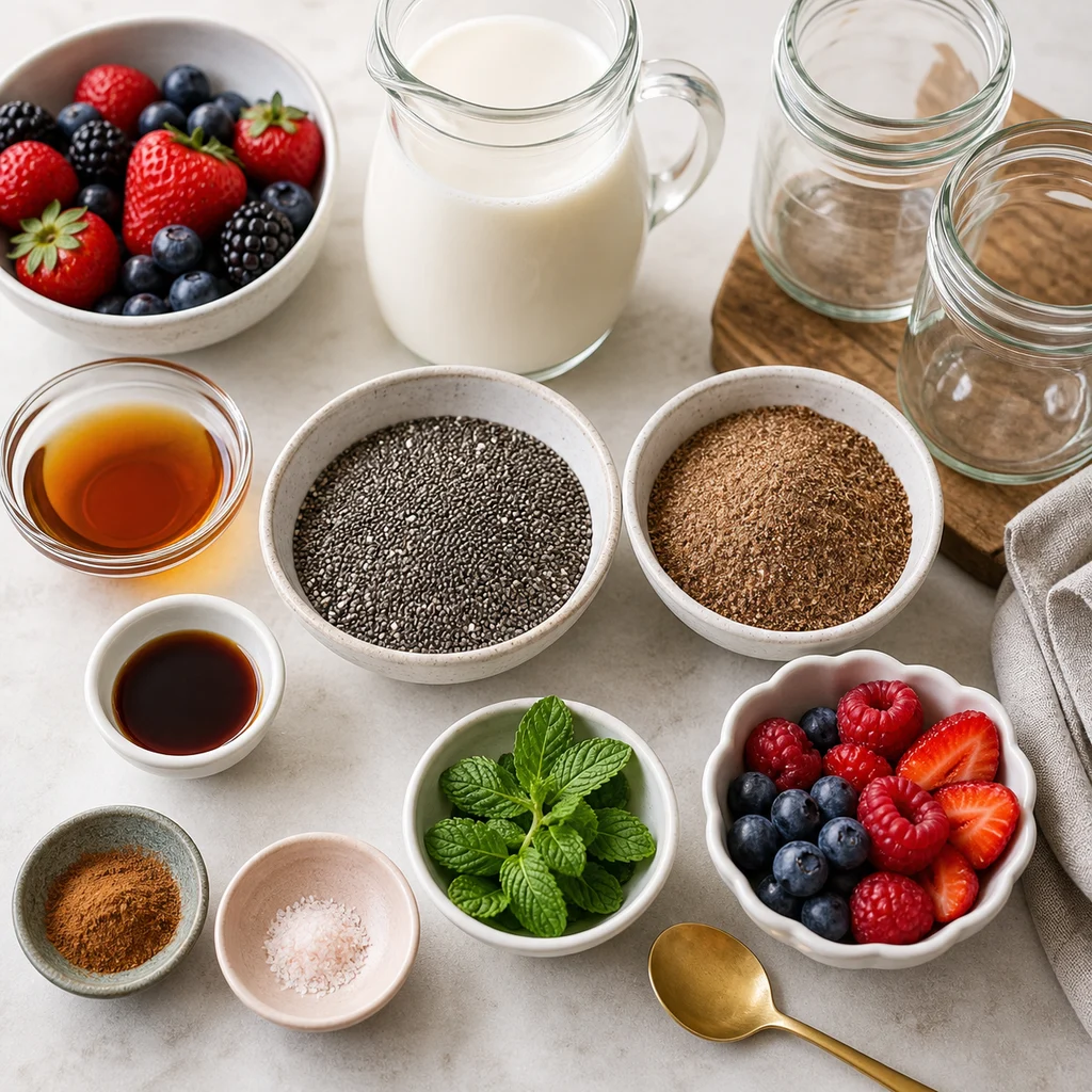 FreeFlourish gluten-free chia flax pudding ingredients with berries