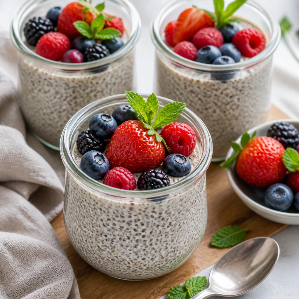 FreeFlourish chia flax breakfast pudding jars with berries