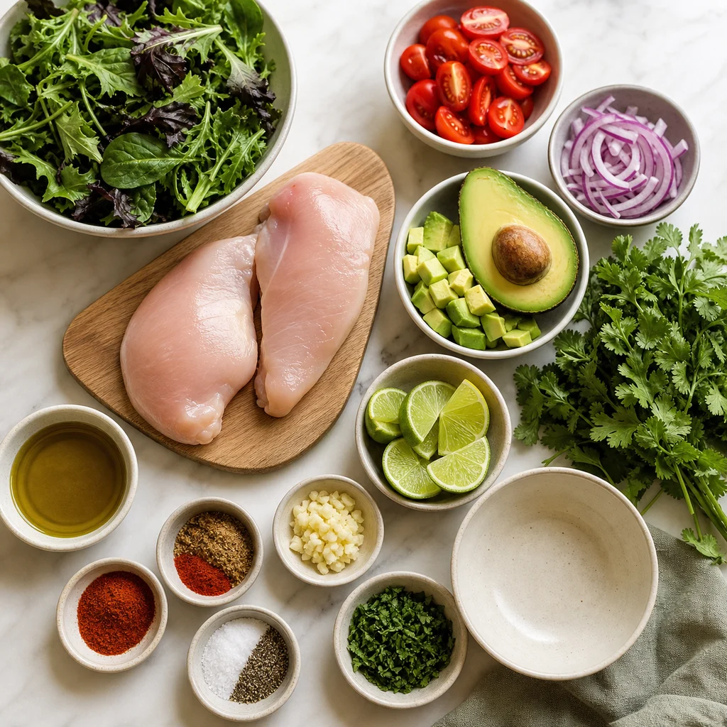 FreeFlourish gluten-free grilled chicken avocado salad ingredients