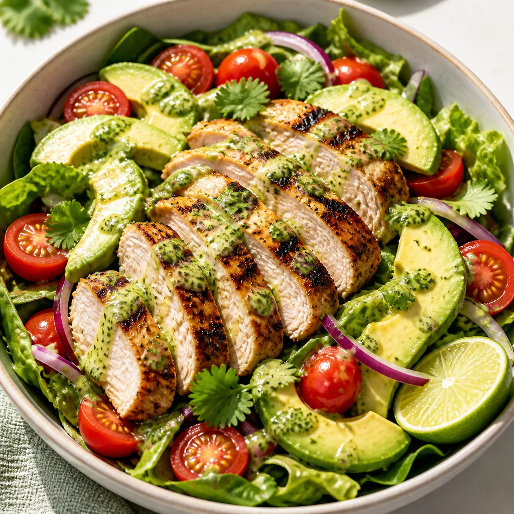 FreeFlourish grilled chicken avocado salad with cilantro lime dressing